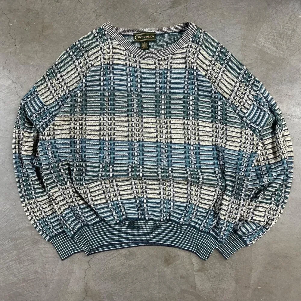 Vintage Croft & Barrow blue and white plaid cotton, acrylic & nylon sweater